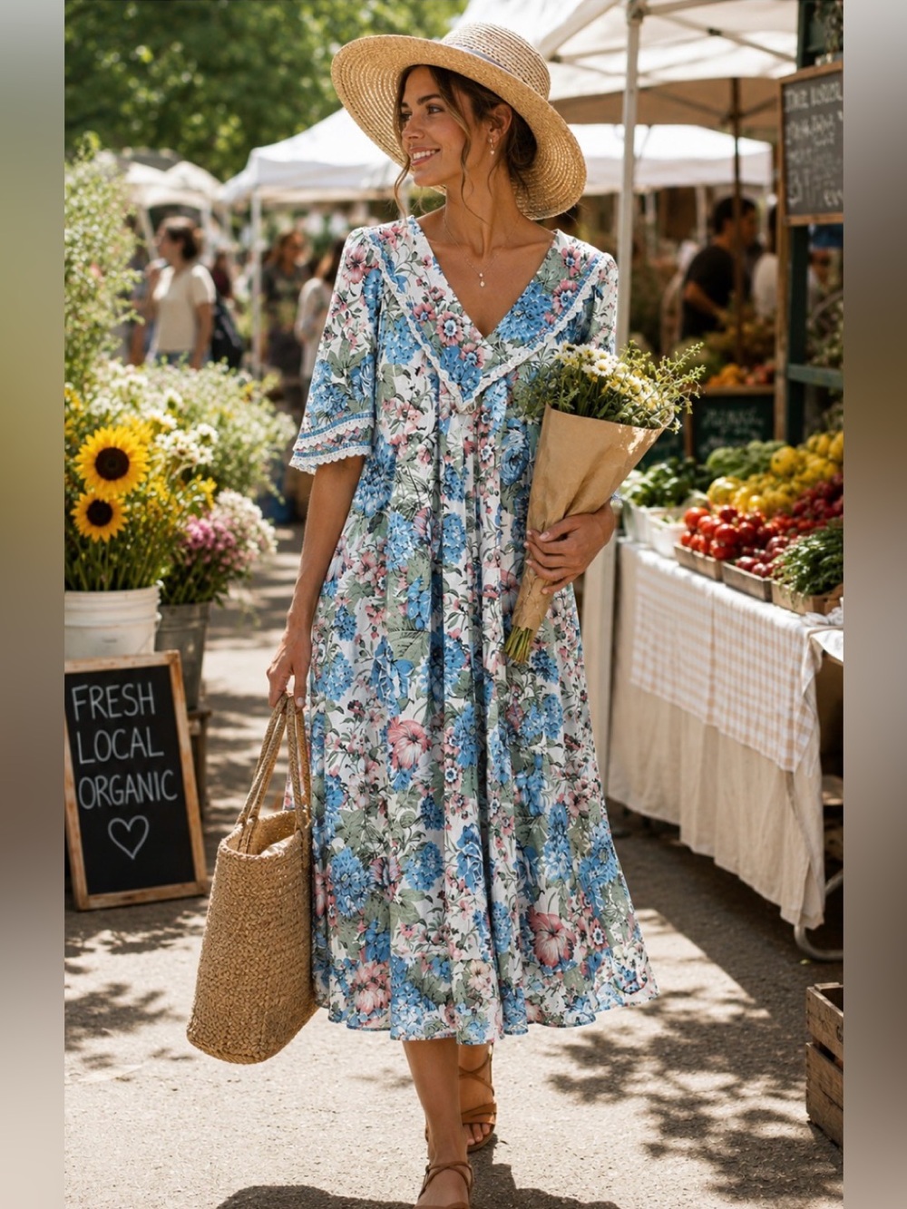 Vintage LIBERTY HOUSE Honolulu Hawaii Cotton Muumuu Pockets Midi Dress Size M